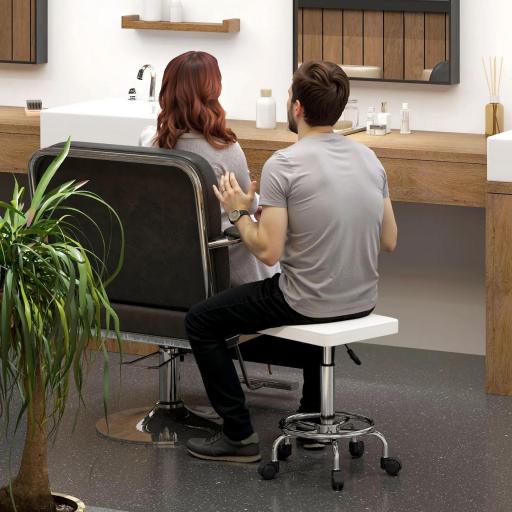 Taburete Giratorio Ajustable Con Asiento Acolchado Reposapiés y Ruedas para Salones y Talleres 34x34x50-66 cm Blanco [3]