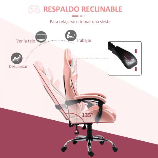 Silla Gaming Silla de Escritorio Reclinable 135° Reposacabezas y Cojín Lumbar 63x67x122-130 cm Rosa [5]