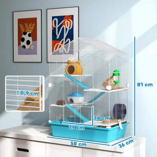 Jaula para Hámster de 5 Niveles con Plataformas Cuenco Bebedero Casita Rampas y Rueda de Ejercicio 58x36x81cm Azul Claro [1]