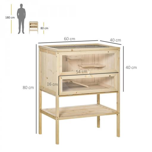 Jaula de Madera para Hámster Ratones Casa de Juegos con 5 Plataformas Rampa Techo Abatible Ventana Cristal Plástico y Estante Inferior 60x40x80 cm Natural [1]