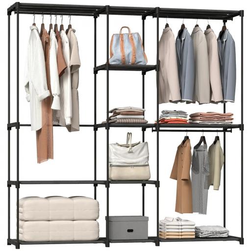Armario de Ropa 182x43x185 cm Armario Abierto con 8 Estantes de Tela Barras para Colgar Marco de Metal Negro [10]