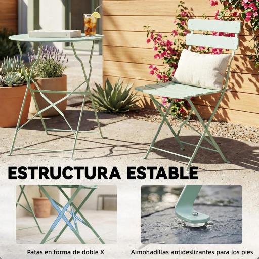 Conjunto de Jardín Plegable con 2 Sillas Plegables Mesa Redonda Estructura Metálica Electrofórica para Balcón Verde [5]