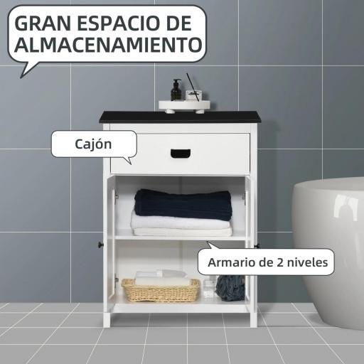 Armario Auxiliar de Baño Estilo Moderno con 1 Cajón 2 Puertas y Estante para Lavabo Ducha 60x30x80 cm Blanco. [2]