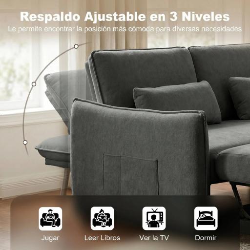 Sofá Cama 2 Plazas 3 en 1 con Mesa Auxiliar Portavasos Respaldo Ajustable Bolsillos Laterales 2 Almohadas Gris Oscuro [6]
