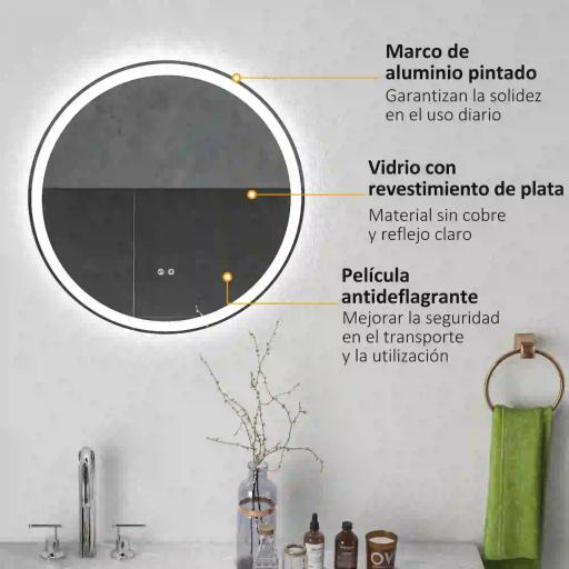Espejo para Baño Redondo Ø60 cm con Luces LED Ajustable Antivaho Función de Memoria e Interruptor Táctil Plata [7]