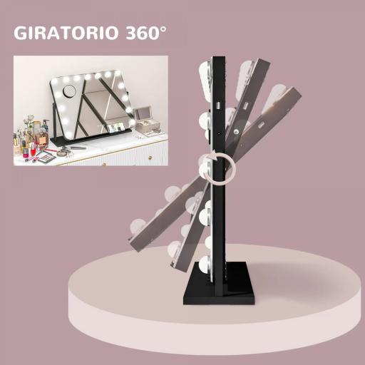 Espejo de Tocador Giratorio 58x46 cm con 14 Bombillas LED 3 Modos de Iluminación Ajustables Interruptor Táctil Negro [7]