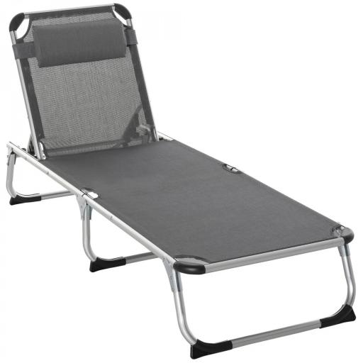 Tumbona Plegable Reclinable de Aluminio con Reposacabezas Extraíble y Respaldo Transpirable Ajustable en 4 Posiciones para Jardín Terraza Camping Exterior 165x60x76 cm Gris [9]