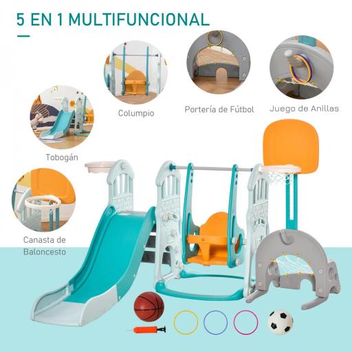  5 en 1 Tobogán y Columpio para Niños +18 Meses con 2 Canastas de Baloncesto Portería Fútbol con Asiento Ajustable Parque Infantil Interior y Exterior 210x186x133 cm Multicolor [2]