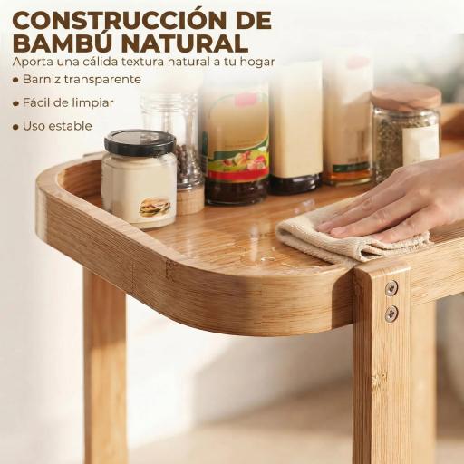 Carrito de Cocina de Bambú de 2 Niveles Carrito Auxiliar para Cocina con Ruedas 2 Estantes 54x36,5x60 cm Natural [4]