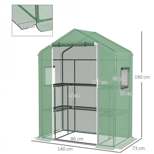 Invernadero con 1 Puerta 2 Ventanas y Estantes de 2 Niveles en Forma de U para Cultivo de Plantas 140x73x190 cm Verde [1]