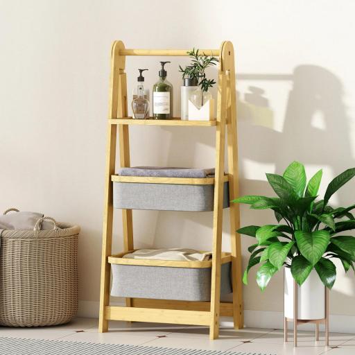 Estantería para Baño Plegable de Bambú con 2 Cestos para Ropa Sucia Estante Abierto Gris [4]