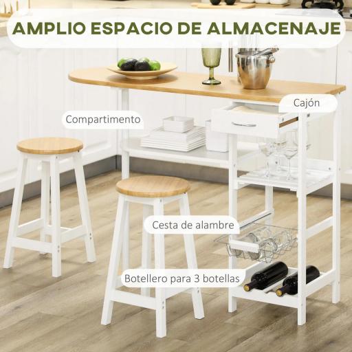 Set de Mesa de Bar de 119x38,5x88,5 cm con Cesta Extraíble y Botellero y 2 Taburetes de 29x29x55 cm Blanco [5]