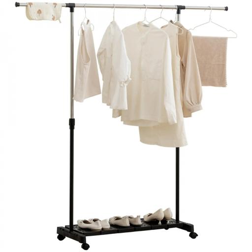 Tendedero Extensible con Ruedas con Barra de Acero Inoxidable y Estante para Zapatos 159x42x168 cm Negro y Plata [7]