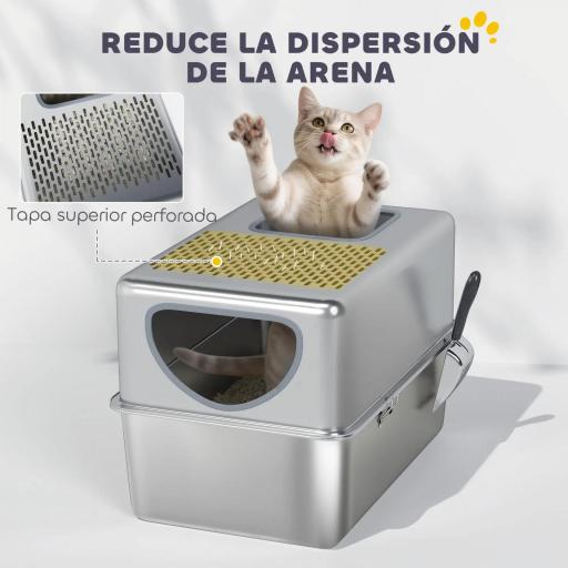Arenero para Gatos de Acero Inoxidable XL Arenero con Pala Aberturas Dobles Fácil de limpiar Plata [5]