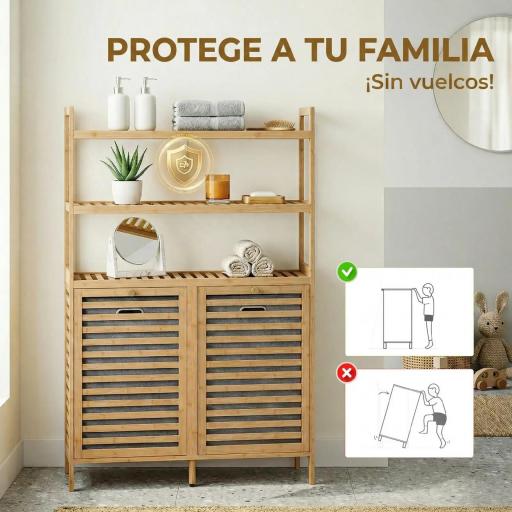 Mueble Ropa Sucia de Bambú con 2 Cestos para Ropa Sucia Inclinables 38,7 L y 3 Estantes 80x30x118 cm Roble [5]