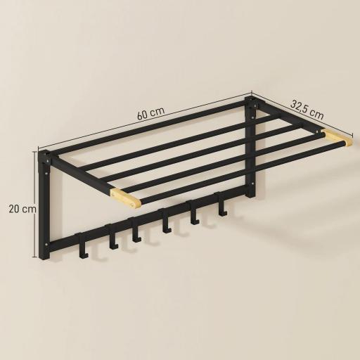 Toallero de Baño de Pared Toallero Plegable con 5 Barras y 6 Ganchos para Toallas Baño 60 cm Negro [1]