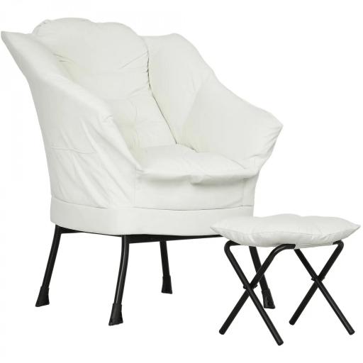Sillón de Salón con Otomana Sillón de Relax con Bolsillos Laterales y Patas de Acero para Sala de Estar Dormitorio Crema [10]