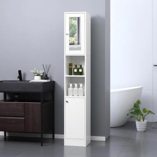 Armario Alto para Baño con Espejo Mueble Columna de Baño Madera con 2 Estantes Abiertos 2 Puertas y Baldas Interiores Ajustables 30x28x180 cm Blanco [8]