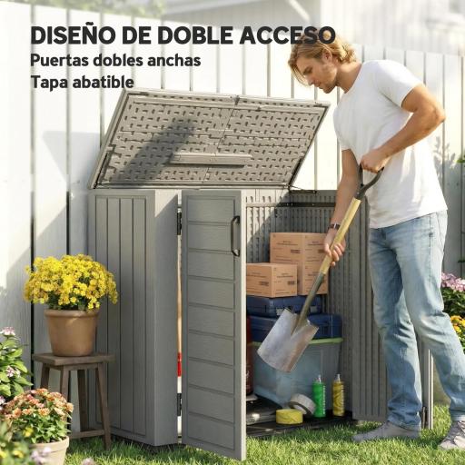 Cobertizo de Jardín de HDPE 940L con Tapa Abatible 2 Puertas Cerradura Cobertizo de Jardín 142x67x119 cm Gris Claro [2]