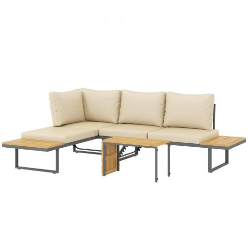 Conjunto de Sofás de Exterior Modular de Acero y Madera de Acacia con Mesa Auxiliar y Cojines Extraíbles [8]