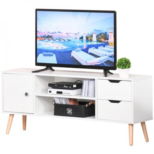 Mueble de TV para Televisiones de 50" Mesa de Salón con Puerta 2 Estantes Abiertos y 2 Cajones 120x28x44 cm Blanco [9]
