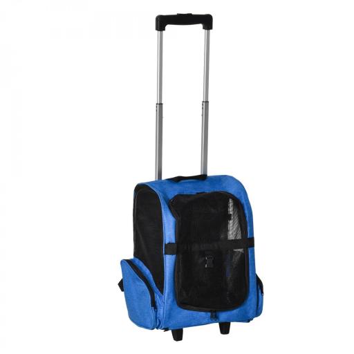 Transportín Carrito para Mascotas 2 en 1 Mochila de Viaje con 2 Ruedas para Perros Gatos con Asa Retráctil de Aluminio y Bolsillos de Almacenaje 42x25x55 cm Azul [9]