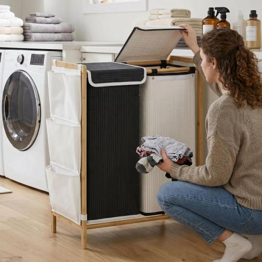 Cesto de Ropa Sucia con Tapa 120L de Bambú con 2 Compartimentos Bolsas con Cordón Bolsillos Laterales Blanco y Negro