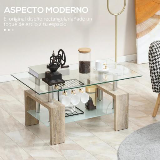 Mesa de Centro Rectangular de Vidrio con Estante Patas de Madera Estilo Moderno 90x50x42 cm Madera Natural [2]