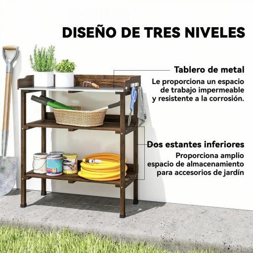 Mesa de Jardinería de Madera con Superficie Metálica Estantes y Ganchos para Jardín Terraza 76x37x89 cm Carbonizado [2]