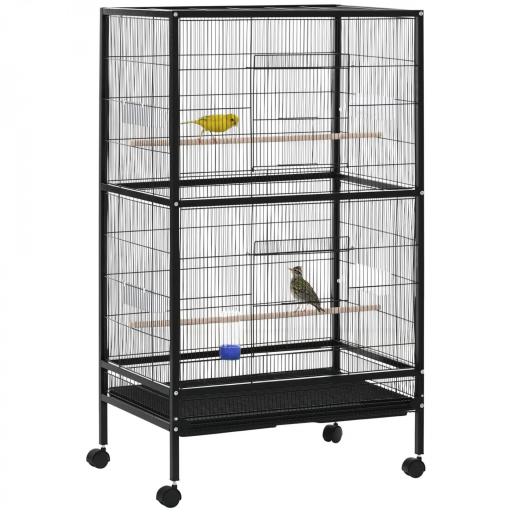 Jaula para Pájaros con 4 Ruedas Pajarera Metálica con Múltiples Puertas 4 Comederos Bebedero 2 Perchas 79x52x137cm Negro [9]