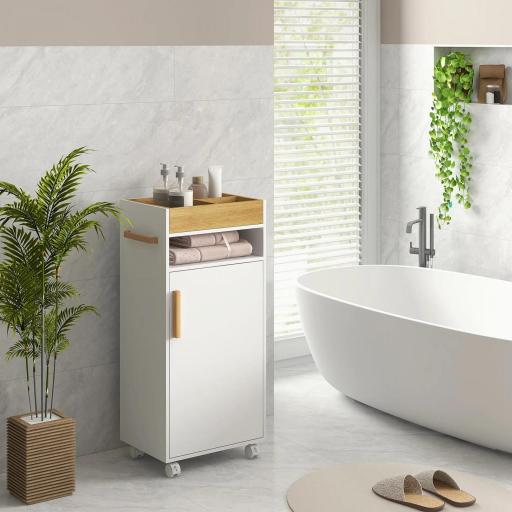 Armario de Baño Moderno con Estantes Ajustables Armario Bandeja Extraíble y Ruedas 40x30x88 cm Blanco y Roble [4]