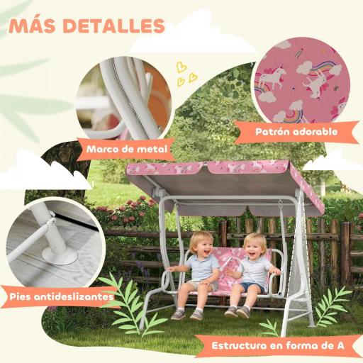 Columpio Jardín Exterior para niños 2 Plazas Toldo Ajustable Cinturones de Seguridad Diseño de Unicornio Arcoíris Rosa [4]
