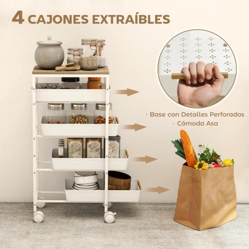 Carro de Cocina de 5 Niveles Carrito Auxiliar con Ruedas Tablero Efecto Madera Cajones Extraíbles 39,5x24x82 cm Blanco [5]
