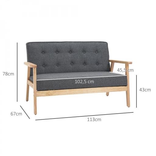 Sofá de 2 Plazas con Respaldo Cojines Acolchados Patas de Madera Antideslizantes Botones con Mechones 113x67x78 cm Gris [1]