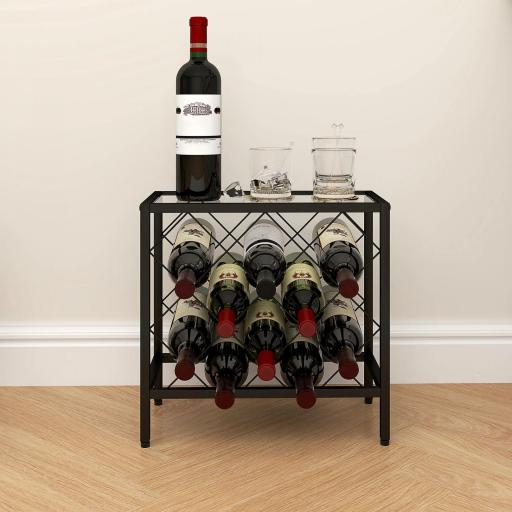 Botellero Vino para 10 Botellas con Encimera de Vidrio Templado y Marco de Acero para Salón Comedor 41x22x41 cm Negro [6]