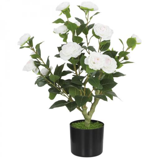 Planta Artificial de Camelia 65cm Árbol Artificial en Maceta con Flores de Seda Realistas 116 Hojas Efecto Musgo Blanco [8]