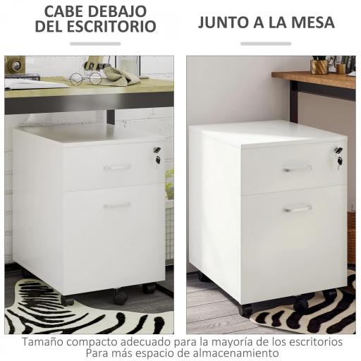 Cajonera de Oficina con Ruedas Mueble Archivador con 2 Cajones para Documentos en Tamaño A4 Cerradura 40x49x58 cm Blanco [4]