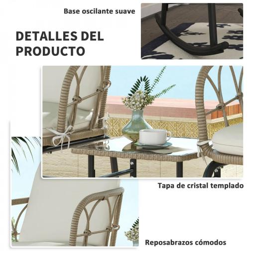 Conjunto de Muebles de Ratán de 3 Piezas con 1 Mesa de Centro 2 Mecedoras y Cojines para Jardín Crema y Beige [3]