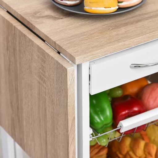 Carrito Auxiliar Plegable Carrito de Cocina con 6 Ruedas 1 Cajón y 3 Cesta de Metal 97,2x37x77,5 cm Blanco y Roble [8]