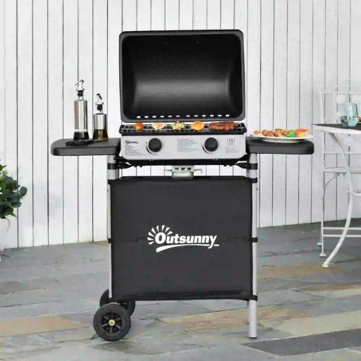 Barbacoa de Gas con 2 Quemadores 5,6 KW 2 Ruedas 2 Mesas Laterales y Parrillas de Acero 104x49x99 cm Negro