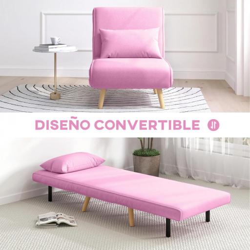 Sofá Cama Individual Tapizado en Lino con Respaldo Ajustable en 5 Posiciones y Almohada 72x75x85 cm Rosa [3]