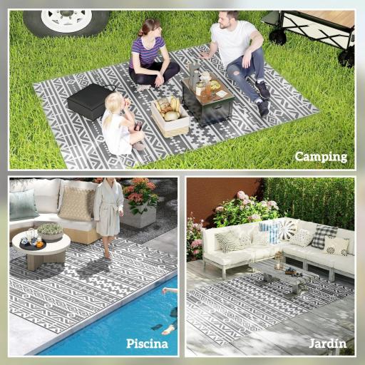 Alfombra de Exterior Reversible 182x274 cm con Patrón Geométrico de Cenefa Impermeable con Bolsa Gris y Blanco [3]