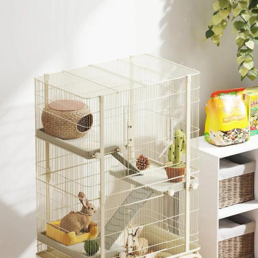 Jaula para Animales Pequeños de 4 Niveles con Ruedas Rampas Cuenco Botella de Agua 69x44x120 cm Beige [7]