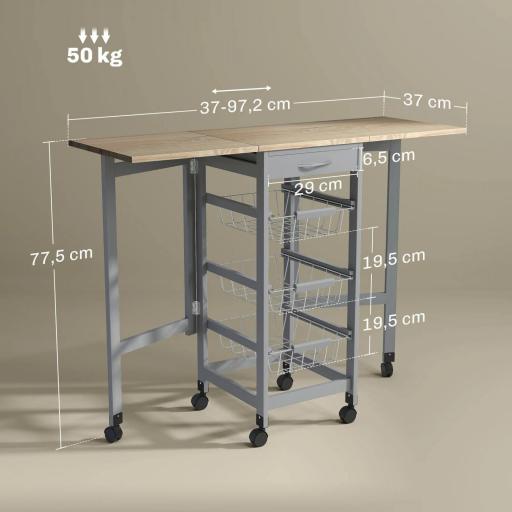 Carrito Auxiliar Plegable Carrito de Cocina con 6 Ruedas 1 Cajón y 3 Cesta de Metal 97,2x37x77,5 cm Gris y Roble [1]
