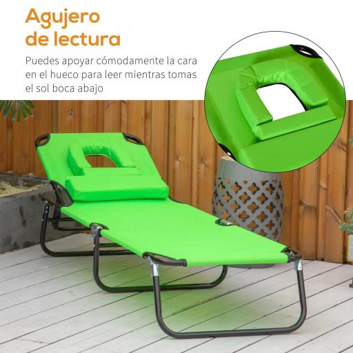Tumbona Plegable con Respaldo Regulable en 4 Posiciones Tumbona de Jardín con Orificio de Lectura Almohada Marco Metálico y Tela Oxford para Playa Terraza Carga 120 kg 190x56x28 cm Verde [5]