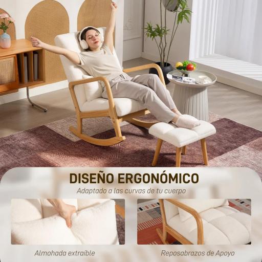 Silla Mecedora con Reposapiés Tapizado en Bouclé Cojín Acolchado y Reposabrazos y Patas de Madera Carga 120 kg Blanco [5]