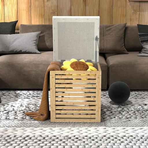 Baúl de Almacenaje para Dormitorio 54,7L con Asiento Desmontable Marco de Bambú 40x40x47 cm Gris y Natural [3]