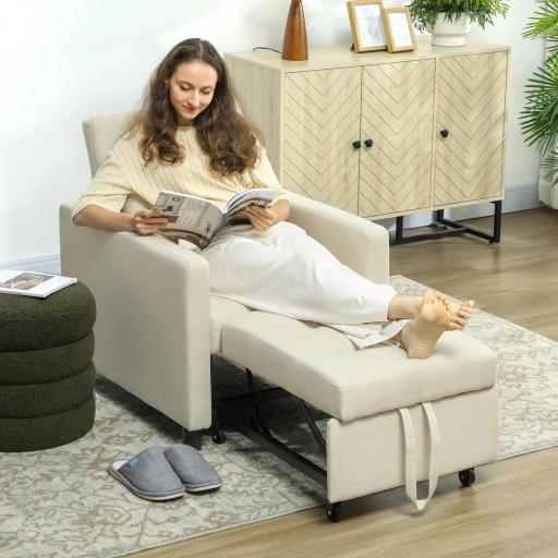 Sofá Cama de 1 Plaza Tapizado en Lino con Respaldo Ajustable de 3 Niveles y Almohada Acolchada 69x82,5x84 cm Beige