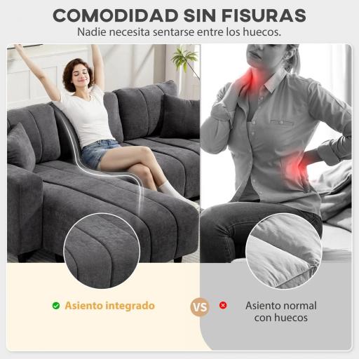 Sofá Chaise Longue Reversible de 3 Plazas 2 Almohadas Tapizado en Lino Marco de Acero 242x156x87 cm Gris Oscuro [3]