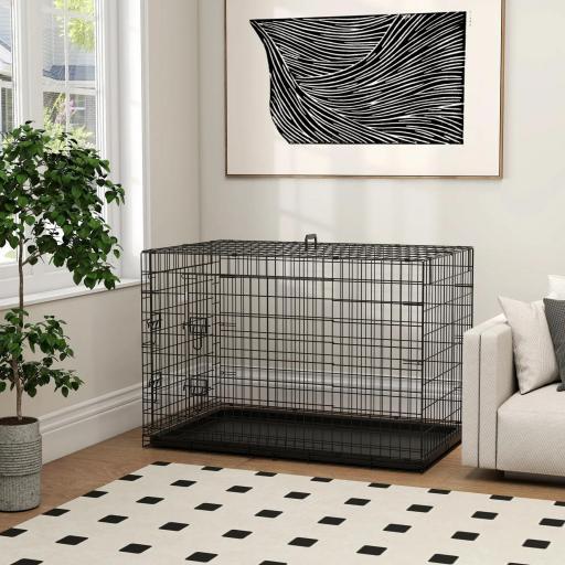 Jaula para Perros Plegable Jaula para Perros Medianos con 2 Puertas Bandeja Extraíble Asa y Marco de Alambre Acero 106x71,5x76 cm Negro [6]